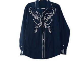 Coofandy Womens Western Button Up Shirt Navy Floral Embroidered L